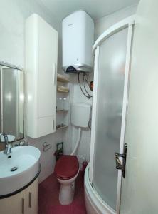 a bathroom with a shower and a toilet and a sink at Attic Old Town Apartment in Budva