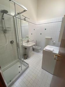 een badkamer met een douche, een wastafel en een toilet bij Mini Loft Castello in Thiene