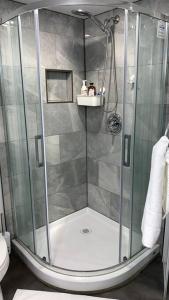 una doccia con porta in vetro in bagno di Patio privé, hébergement équipé et spacieux. a Hamilton