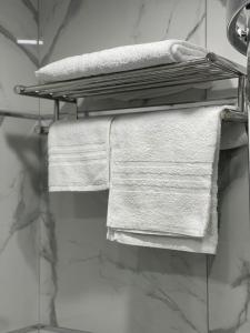 un portasciugamani con asciugamani bianchi in bagno di B&B Piccolo Lucio a Napoli