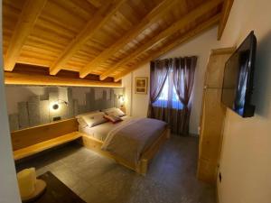 a bedroom with a large bed and a television at B&B Casa il sasso in Pinzolo