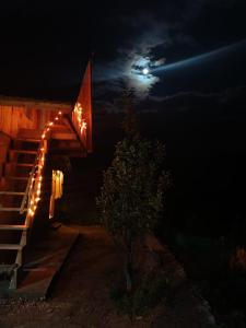 a night scene of a house with the moon in the sky at Deep In Woods in Jibhi