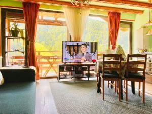 ein Wohnzimmer mit einem TV auf einem Tisch in einem Zimmer in der Unterkunft Lucas Duplex in Azuga