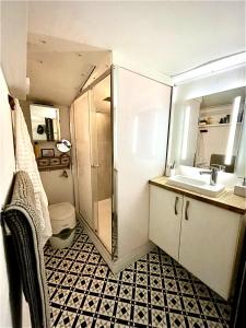 a small bathroom with a shower and a sink at Boutique Boat Stays Contemporary Barge in Bath