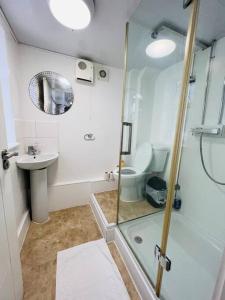a bathroom with a shower and a toilet and a sink at Comfortable flat in Central London in London