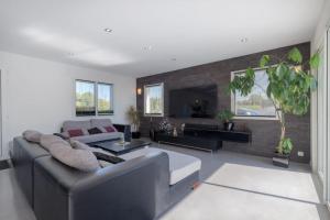 un salon avec un canapé et une cheminée dans l'établissement Villa de charme, à Cabriès