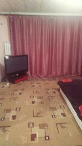 ein Wohnzimmer mit einem rosa Vorhang und einem TV in der Unterkunft Apartment in Izyum Rizdvyana 9 in Izyum
