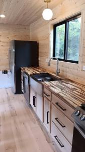 a kitchen with a sink in a wooden cabin at Oyster Lady Homer, AK in Homer