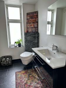 a bathroom with a sink and a toilet and a mirror at Boutique-Aalborg-Free parking - Citycenter in Aalborg