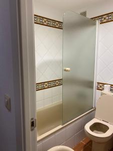 uma casa de banho com um WC e uma cabina de duche em vidro. em Alcaudón 1 dormitorio by SIT ISLA CANELA na Isla Canela