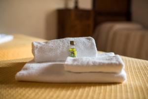 a bottle of soap sitting on top of towels on a bed at Tinaia in Siena