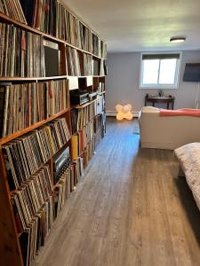 un soggiorno con grandi librerie piene di dischi di Mid-Century DJs Dream near Rhinebeck 