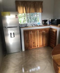 a kitchen with a stainless steel refrigerator and wooden cabinets at Seacret Studios - Cozy Jamaican Retreat apts in Negril