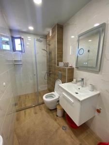 a bathroom with a toilet and a sink and a shower at Apartment Veronika in Sozopol