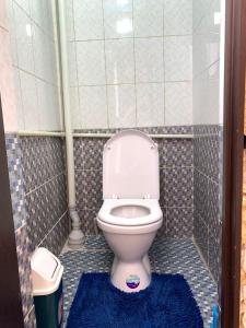 a bathroom with a toilet with a blue rug at Guest House ak orgo in Bishkek