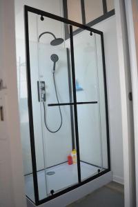 a glass shower with a shower head in a bathroom at CyclodeLoire vue splendide in Saumur