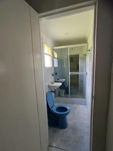 a bathroom with a blue toilet and a sink at Hotel Centro Recreacional Valle deEli in Fusagasuga