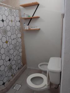 La salle de bains est pourvue d'une douche et de toilettes blanches. dans l'établissement El séptimo día, lugar de descanso, à Funes