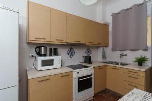 - une petite cuisine avec des placards en bois et un four micro-ondes dans l'établissement Chris's best apartment in Athens, à Athènes