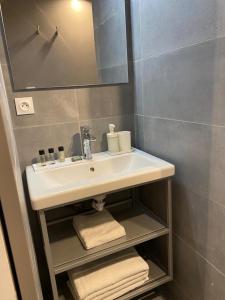 ein Badezimmer mit einem weißen Waschbecken und einem Spiegel in der Unterkunft Cosy appartement Neuilly sur Seine in Neuilly-sur-Seine