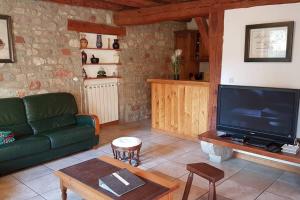 een woonkamer met een groene bank en een flatscreen-tv bij Lozère St Alban Aubrac Margeride gîte 4 étoiles 8 personnes au calme près nature in Saint-Alban-sur-Limagnole