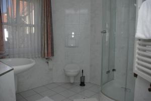 a bathroom with a toilet and a sink and a shower at Hotel Alte Brücke in Bad Homburg vor der Höhe