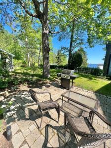 a patio with a table and chairs and a grill at COZY COVE COTTAGE LIMIT 6 cottage in Standish