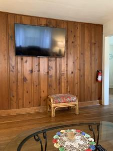 a living room with a tv on a wooden wall at Residential Bungalow home in Norfolk