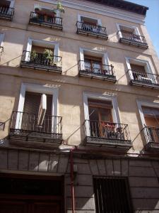 un edificio con balcones y ventanas con plantas. en Hostal Zabala, en Madrid