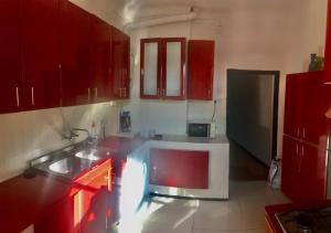 a kitchen with red cabinets and a sink at Home JV in Getafe