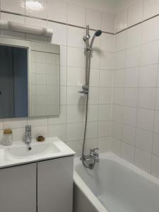 ein Badezimmer mit Badewanne, Waschbecken und Dusche in der Unterkunft Joli studio entre Paris et Disneyland in Villemomble