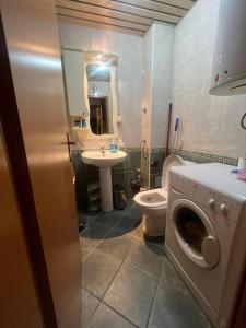 ein Badezimmer mit einem WC, einem Waschbecken und einer Waschmaschine in der Unterkunft Center flat in Skopje