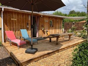 eine Holzterrasse mit 2 Stühlen und einem Sonnenschirm in der Unterkunft SOCOA LE CABANON in Lacanau