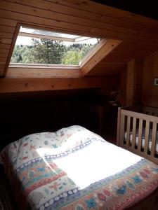 Bett in einem Zimmer mit Fenster in der Unterkunft Chalet Jura in Doucier