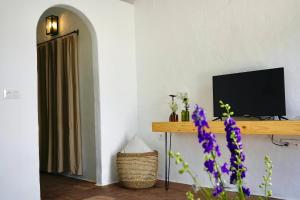 een kamer met een televisie en een tafel met bloemen bij Alojamiento rural CASAPIÑA in Conil de la Frontera