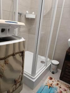 a bathroom with a shower and a sink at Bala Beach Siófok Apartman in Siófok