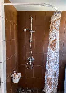 a shower in a bathroom with a shower curtain at Külaliskorter in Padise
