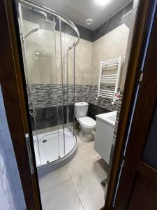 een badkamer met een douche, een toilet en een wastafel bij Central Charm Guesthouse in Gjoemri