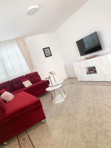 a living room with a red couch and a flat screen tv at VILLA M&M - sea and beach within 35 steps in Zaboric +29 photos