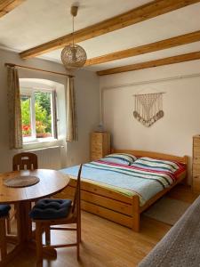 Un dormitorio con una cama y una mesa. en Pension Hamry, en Vranov nad Dyjí