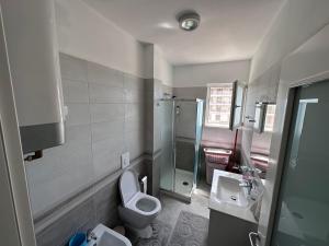 een badkamer met een toilet, een wastafel en een douche bij Sea view Shengjin in Shëngjin