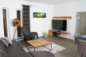 een woonkamer met een bank en een tv bij Villa Grün, Loft- Wohnung 09 in Tabarz