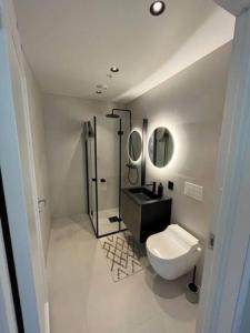 bagno bianco con servizi igienici e lavandino di Studio Leiligheit a Sogndal