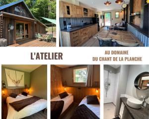 eine Collage aus vier Bildern einer Hütte in der Unterkunft Domaine du Chant de la Planche - SPA - Hautes Vosges in Saulxures-sur-Moselotte