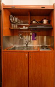 a kitchen with a sink and a stove and a shelf at Villa Andromeda in Amorgos