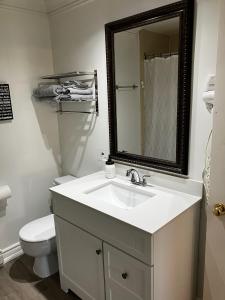 La salle de bains est pourvue d'un lavabo, de toilettes et d'un miroir. dans l'établissement Superbe condo plage-memphremagog, à Magog