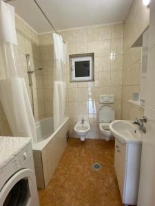 a bathroom with a sink and a toilet and a shower at Mostar View House in Mostar +32 photos