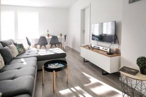 a living room with a couch and a flat screen tv at L'instant T 4* Balnéo, Sauna et Parking Privé in Colmar