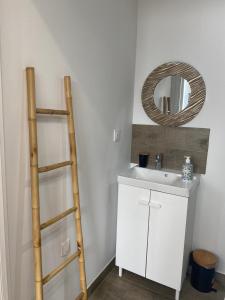 a bathroom with a ladder next to a sink and a mirror at Studio au calme. in Marseille