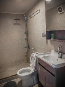 La salle de bains est pourvue de toilettes, d'un lavabo et d'une douche. dans l'établissement Tower Rum Camb, à Wadi Rum